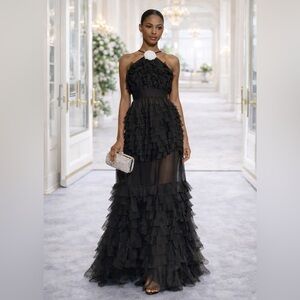 NWT STAUD Florian Chiffon Tiered Ruffle Floral Gown in Black Size 4